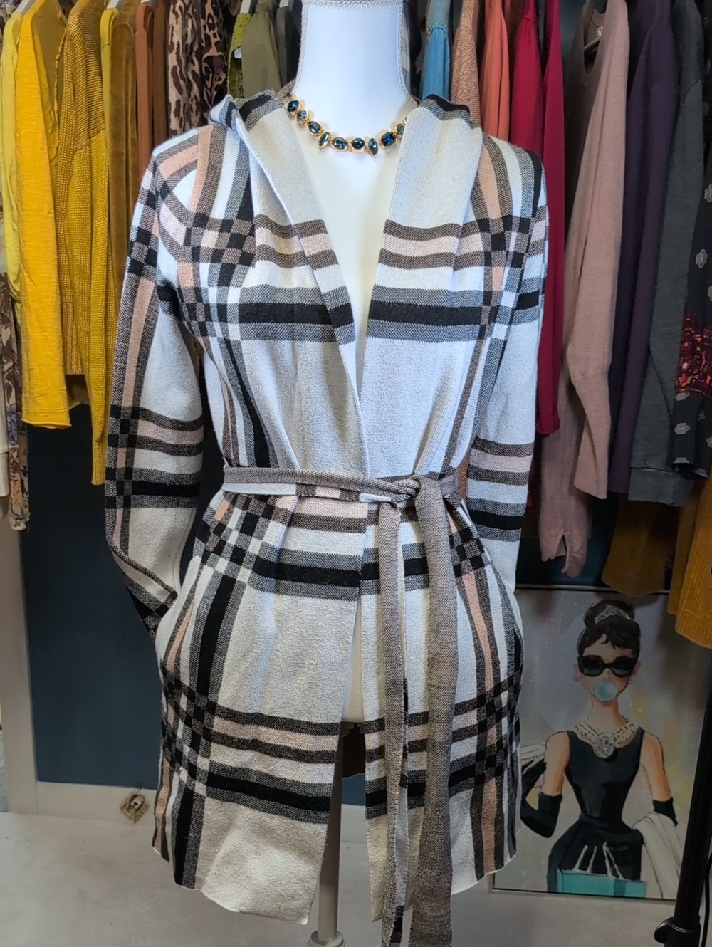 Christian Siriano Hooded Plaid Robe Cardigan in White, Black & Taupe